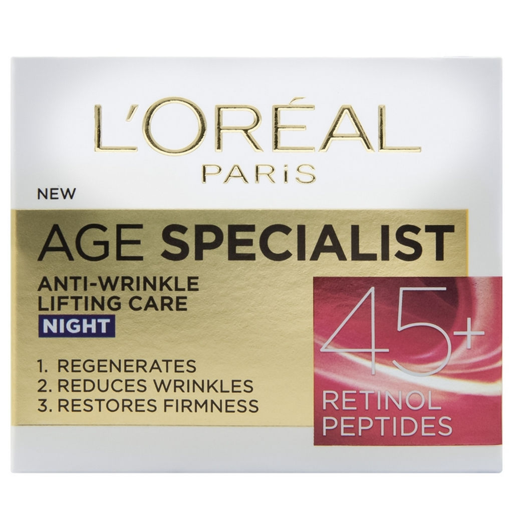 Krema za obraz proti gubicam L’Oreal, Age Specialist, nočna 45+, 50 ml