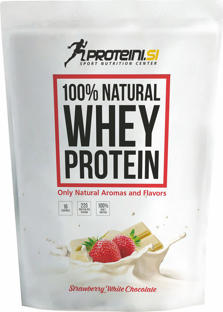 Beljakovine sirotke Proteini.si, 100 % natural, bela čokolada in jagoda, 500 g