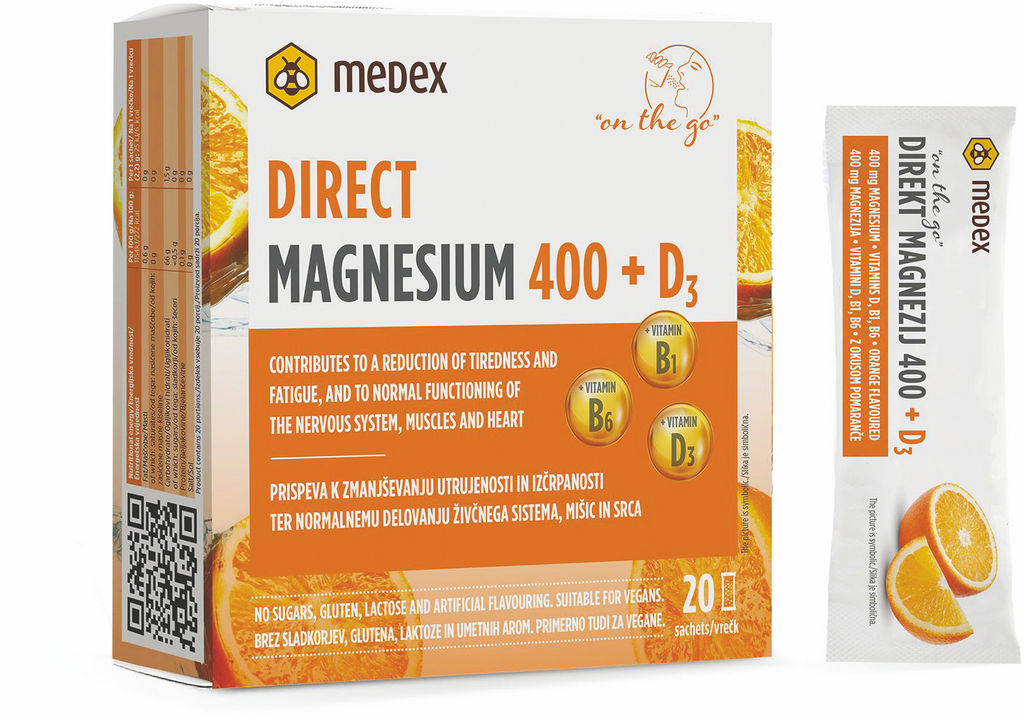 Prehransko dopolnilo Medex, Direct Magnesium 400 + D3, B1, B6, prah, pom., 20/1