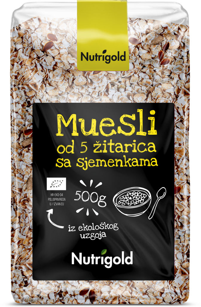 Muesli Bio muesli Nutrigold, iz 5 vrst žit, s semeni, 500 g