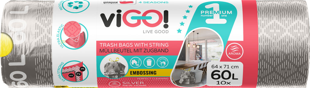 Vrečke za smeti viGO!, 100% reciklirane, odišavljene, zelo močne, s trakom, 60 l, 10/1