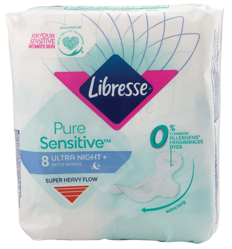 Higienski vložki Libresse, Pure Sensitive, Ultra night, 8/1