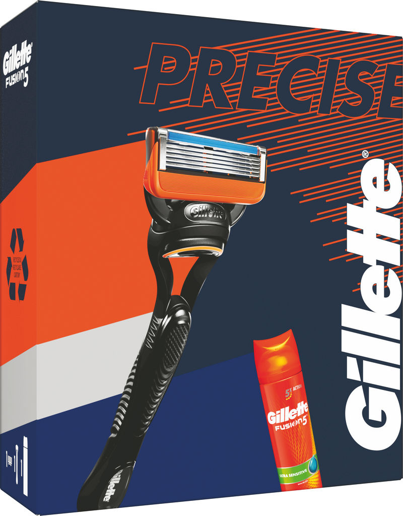 Darilni set Gillette, brivnik Fusion5, gel za britje Ultra Sensitive, 200 ml