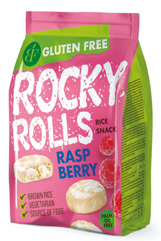 Vaflji riževi Rocky rolls, White, malina, 70 g