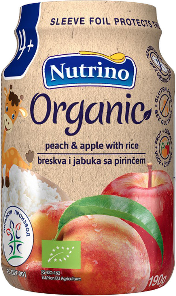 Kašica Bio Nutrino, breskev, jabolko, riž in vitamin C, 190 g