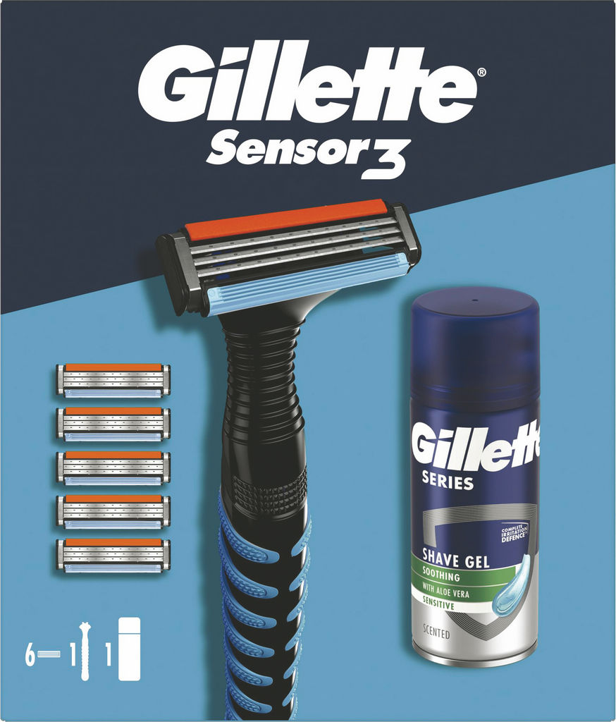 Darilni set GIllette, Sensor 3, britvica, nastavki, gel za britje sensitive