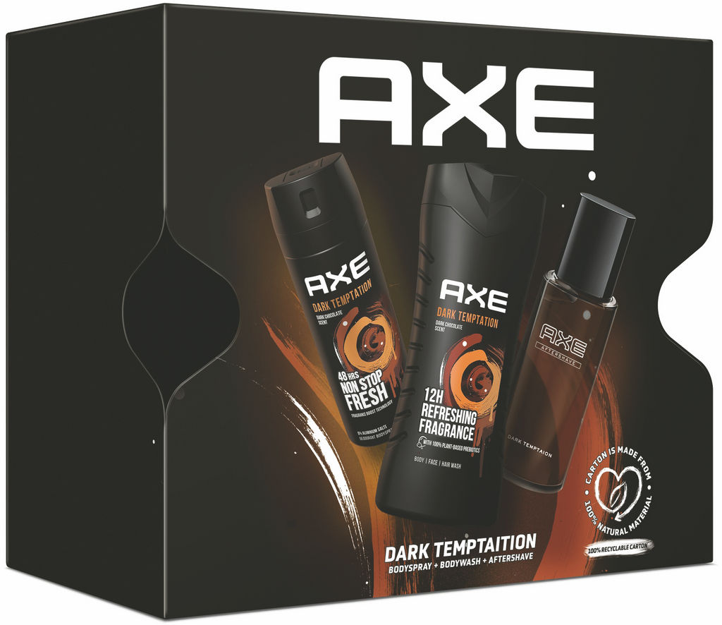 Darilni set Axe Eco2, Dark Temptation, deo sprej, tuš gel, losjon
