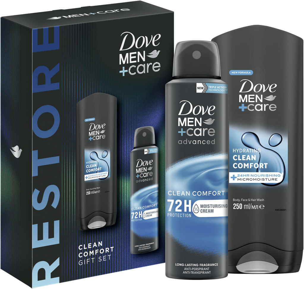 Darilni set Dove, Clean Comfort, deodorant v spreju, gel za prhanje